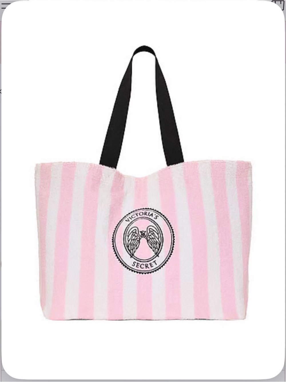 Victoria's Secret Pink & White Striped Tote with Black Handles